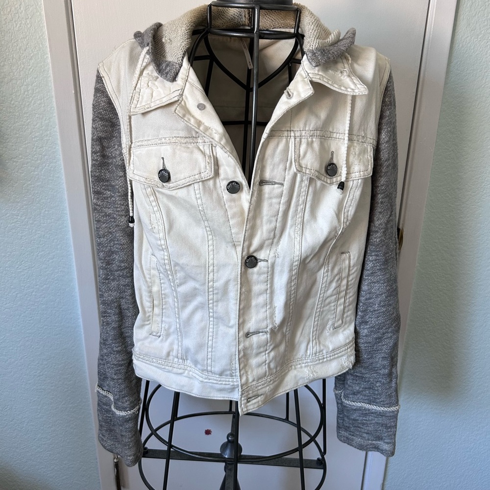 Free People Cream and Gray Hooded Denim Jacket